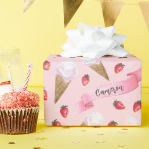 Papier Cadeau Cône de crème glacée de fraise personnalisée rose 