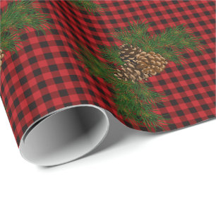Papier Cadeau cône de pin plaid rétro roux noir