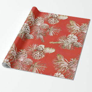 Papier Cadeau Cônes de pin de Noël or pailleté rouge