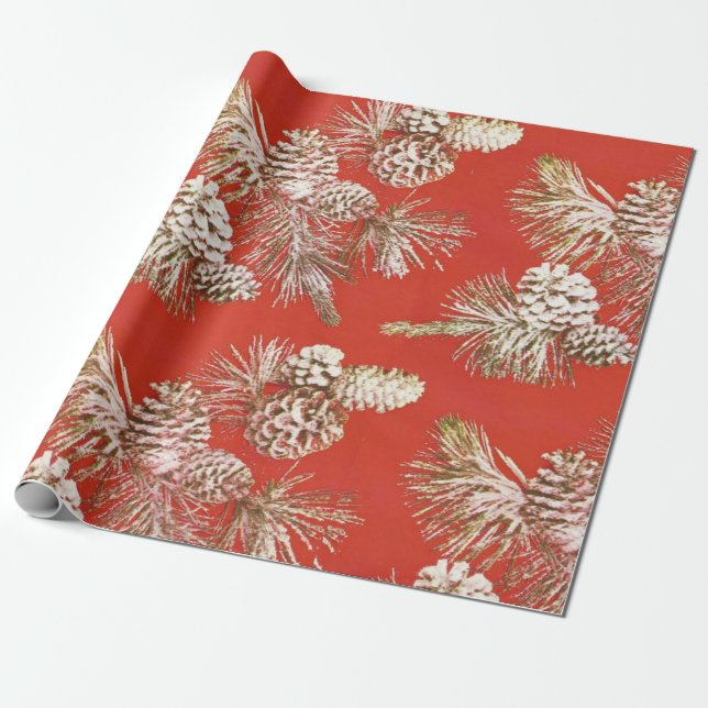 Papier Cadeau Cônes de pin de Noël or pailleté rouge (Déroulé)