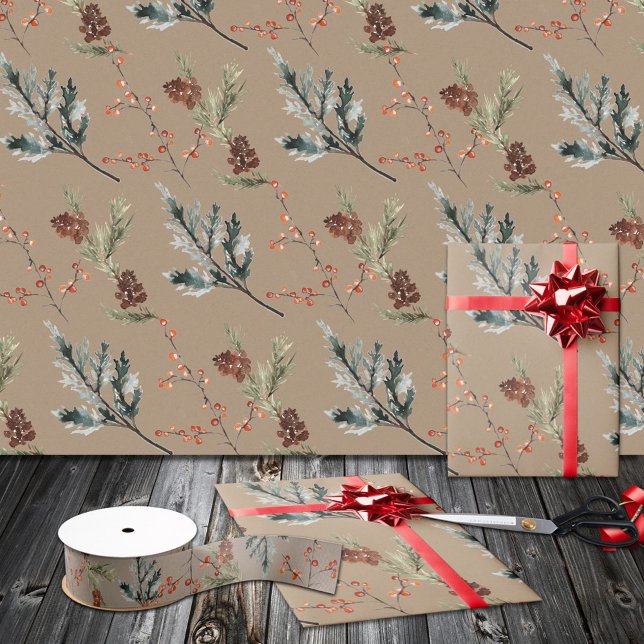 Papier Cadeau Cones et baies d'épinette d'hiver Kraft rustique M (Rustic Kraft Winter Spruce Cones & Berries Christmas Holiday Matte Gift Wrapping Paper Rolls.)