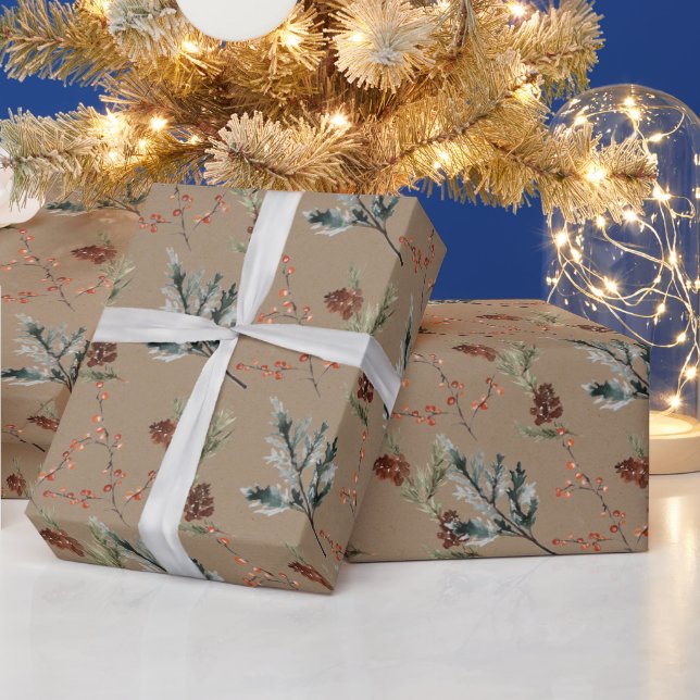Papier Cadeau Cones et baies d'épinette d'hiver rustiques Kraft  (Vacances)