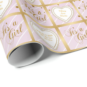 Papier Cadeau Confetti de bébé rose et or - Petite fille
