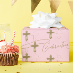 Papier Cadeau Confirmation de script Croix d'Or Rose