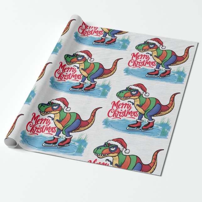 Papier Cadeau Cool amusant T-rex Dinosaur Patinage Noël Abstrait (Déroulé)