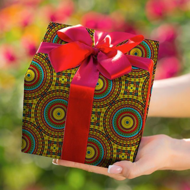 Papier Cadeau Cool bleu rouge jaune rétro géométrique ethnique T (Créateur téléchargé)