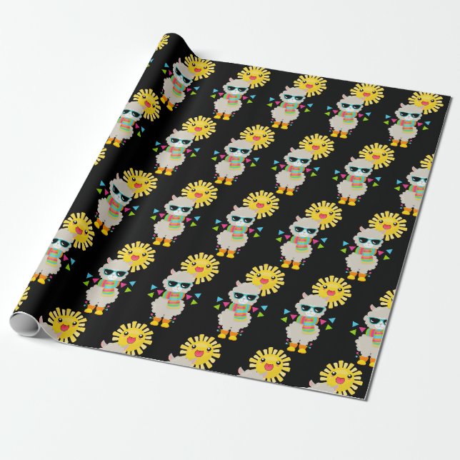 Papier Cadeau Cool Llama et le Motif souriant Kawaii Sun (Déroulé)