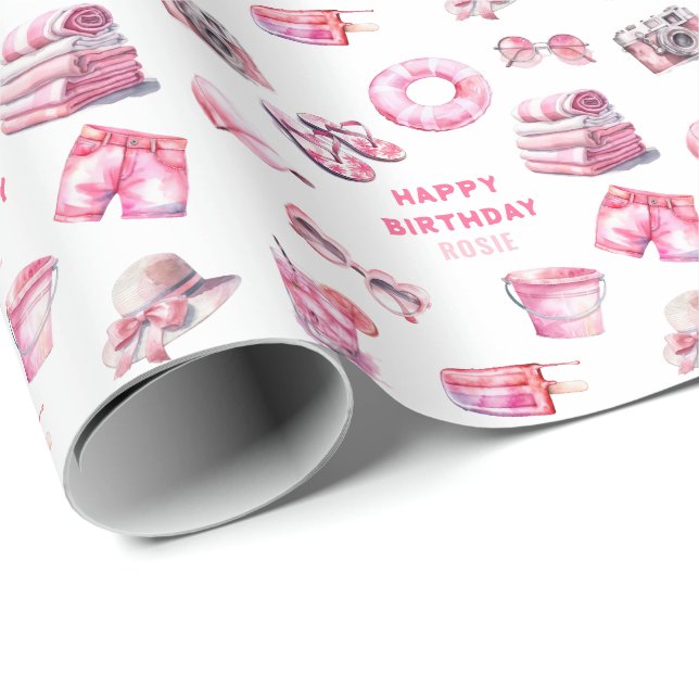 Papier Cadeau Cool Rose Summer Girl Anniversaire (Coin rond)