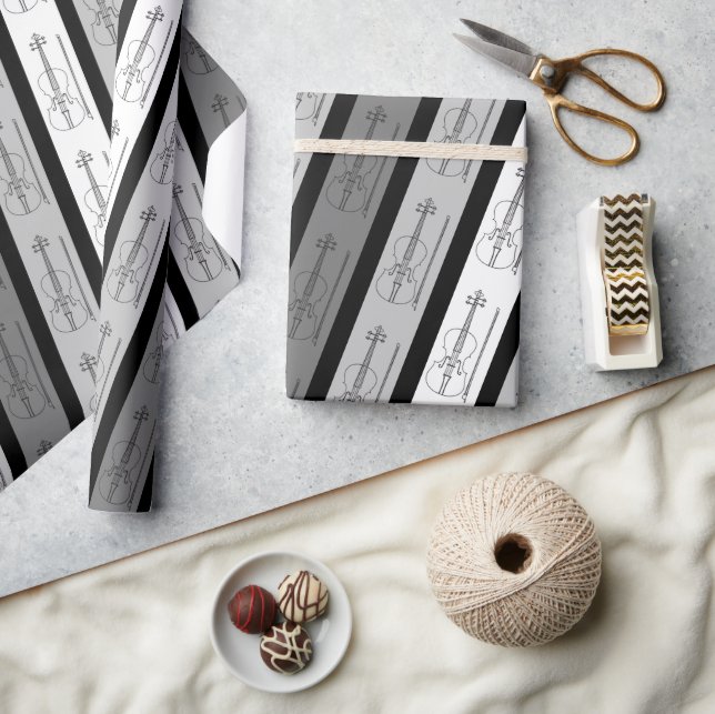 Papier Cadeau Cool violon moderne Motif rayé rétro chic gris (Artisanat)