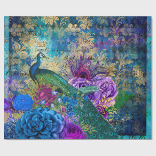 Papier Cadeau Coq couronné sur la flore violette bleue