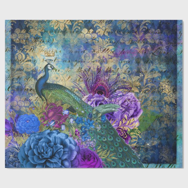 Papier Cadeau Coq couronné sur la flore violette bleue (Plat)
