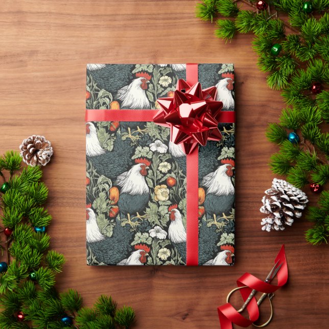 Papier Cadeau Coq dans le Jardin Vert William Morris Style (Cadeau de vacances)