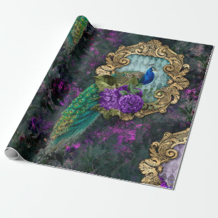 Papier Cadeau Coq, fleurs et cadre d'or