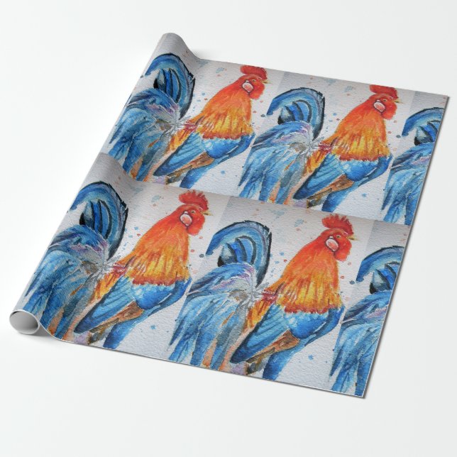 Papier Cadeau Coq rouge poulet poulet Rooster Aquarelle Wrapper (Déroulé)