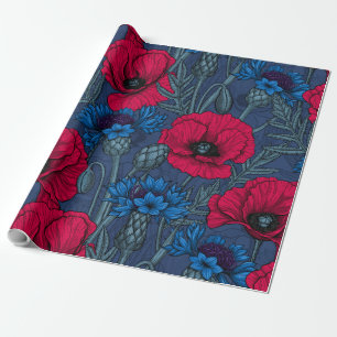 Papier Cadeau Coquelicots rouges et fleurs bleues sur bleu