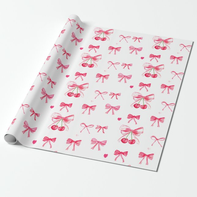 Papier Cadeau Coquette Blush Pink Bow Cherry Girls mignonne (Déroulé)