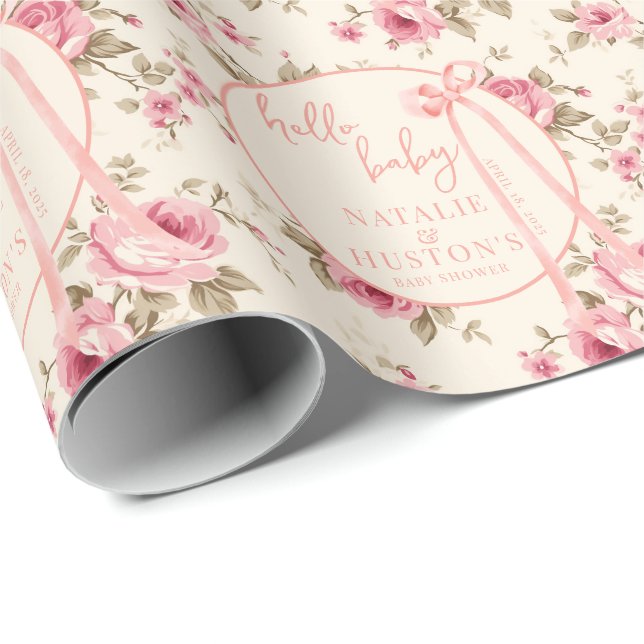 Papier Cadeau Coquette Blush Pink Bow Floral Baby shower personn (Coin rond)