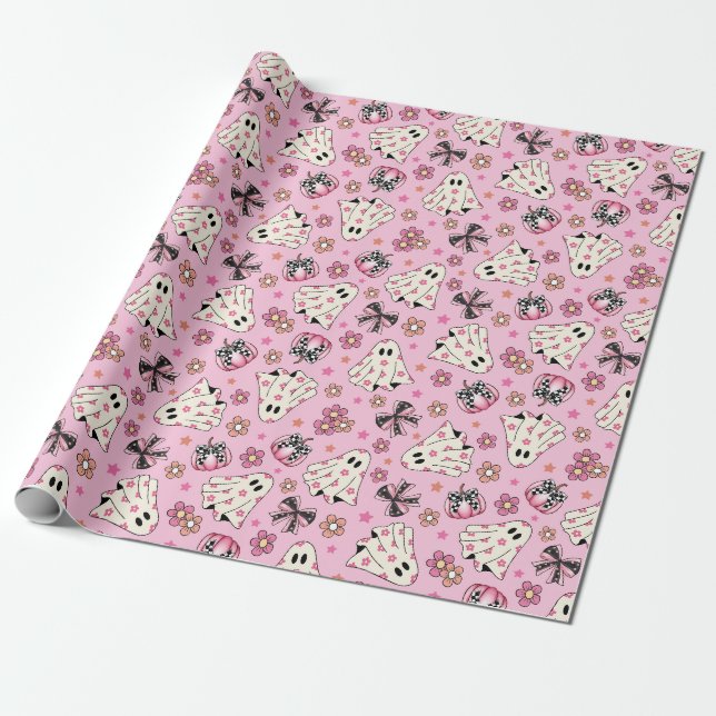Papier Cadeau Coquette florale rose pâle Fantôme Citrouilles (Déroulé)