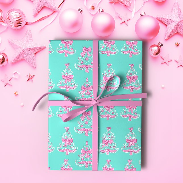 Papier Cadeau Coquette rose et menthe Arbres de Noël (Créateur téléchargé)