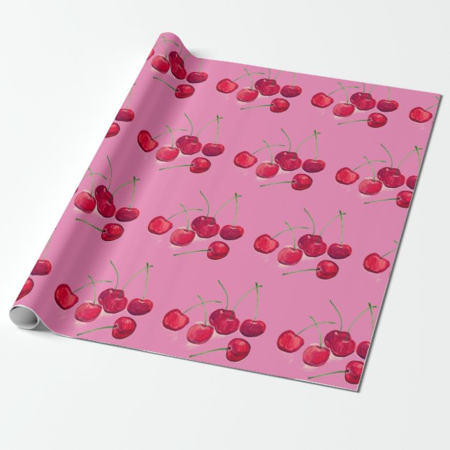 Papier Cadeau Coquette rouge Cerises fruits Motif alimentaire ro (Déroulé)