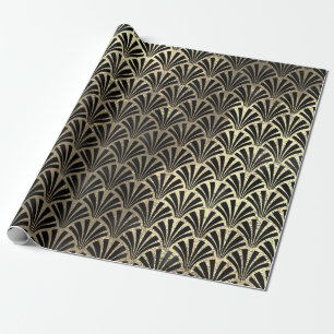 Papier Cadeau Coquillage Art Déco Noir Faux Champaigne Or