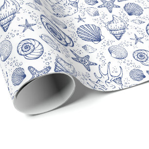 Papier cadeau coquillages bleu et blanc