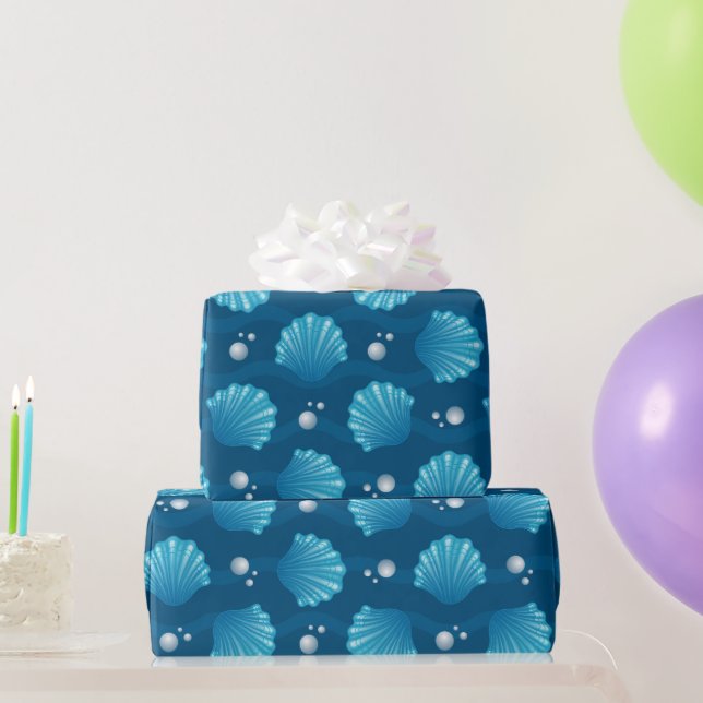 Papier Cadeau Coquillages Bleus Et Perles De Mer (Cadeaux de fête)