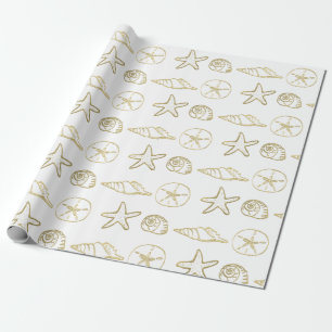 Papier Cadeau Coquillages de mer aspect feuille d'or Chic plage 