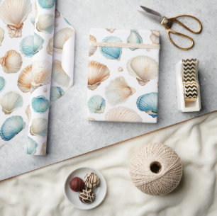 Papier Cadeau Coquillages de plage Aqua Cream Shower de mariage