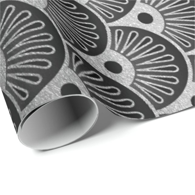 Papier Cadeau Coquillages géométriques Art Déco Ornement Argent (Coin rond)