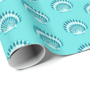 Papier Cadeau Coquillages marins - aqua et turquoise