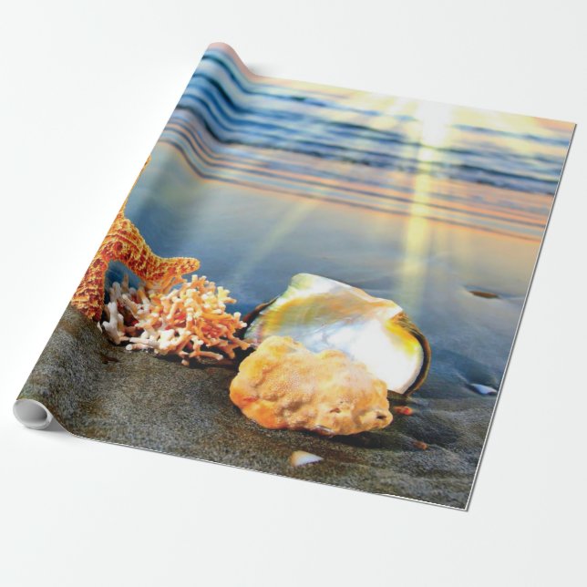 Papier Cadeau Coquillages marins et étoiles de mer sur la plage (Déroulé)