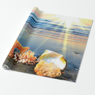 Papier Cadeau Coquillages marins et étoiles de mer sur la plage