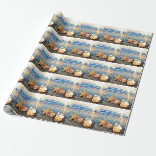 Papier Cadeau Coquillages marins et étoiles de mer sur la plage