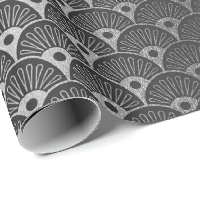 Papier Cadeau Coquillages métalliques gris argenté Noir Art Déco (Coin rond)