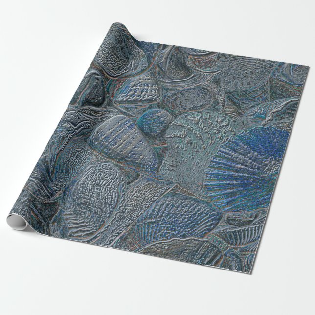 Papier Cadeau Coquillages Ocean Beach Découpage métallique bleu (Déroulé)