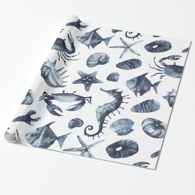 Papier Cadeau Coquille d'hippocampe bleu marine (Déroulé)