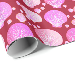 Papier Cadeau Coquilles roses sur fond bordeaux
