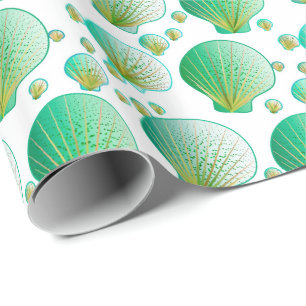 Papier Cadeau Coquilles vert mousse de mer sur fond blanc