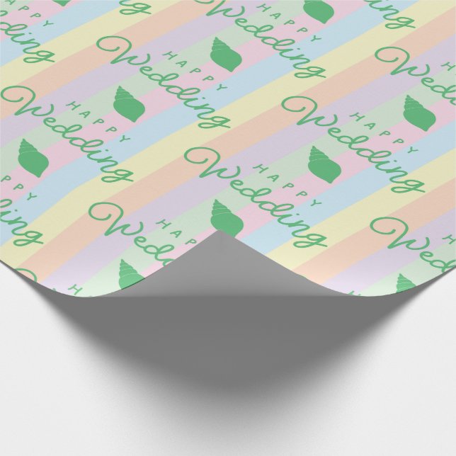 Papier Cadeau Coquilles vertes Texte de mariage heureux Rayé arc (Coin)