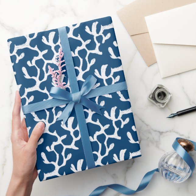Papier Cadeau Corail Abstrait bleu et blanc Motif répétitif (Cadeaux)