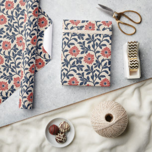 Papier Cadeau Corail Floral Vintage Navy Joyeux
