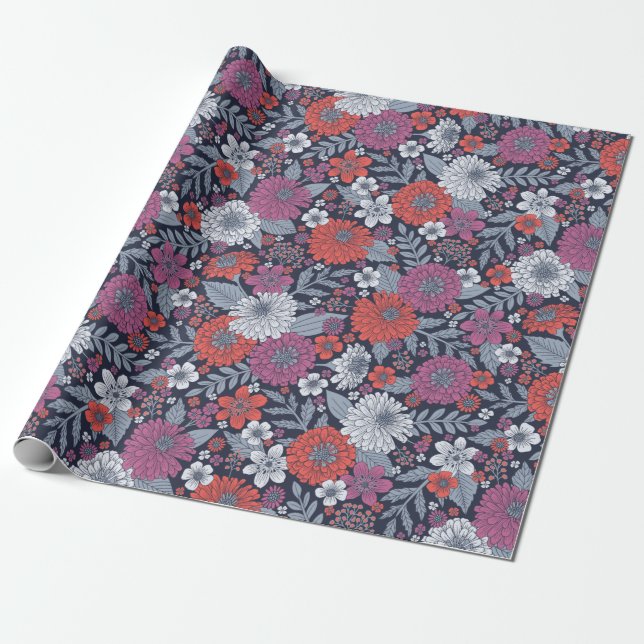 Papier Cadeau Corail, Magenta et Zinnias bleu (Déroulé)