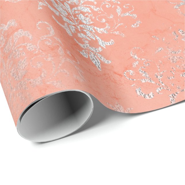 Papier Cadeau Corail Silver Peach Damask Antonietta Versaille (Coin rond)