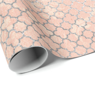Papier Cadeau Corail Silver Pêche Gris Pastel Métal Quatrefoil