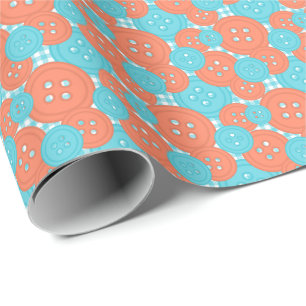 Papier Cadeau Coral Turq Boutons Gingham - Salle de Couture et d