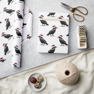 Papier Cadeau Corbeau noir avec motif de chapeau de père Noël ro