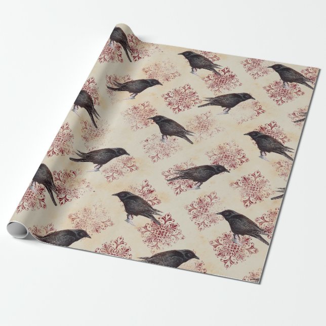 Papier Cadeau Corbeau noir et Damas bordeaux (Déroulé)