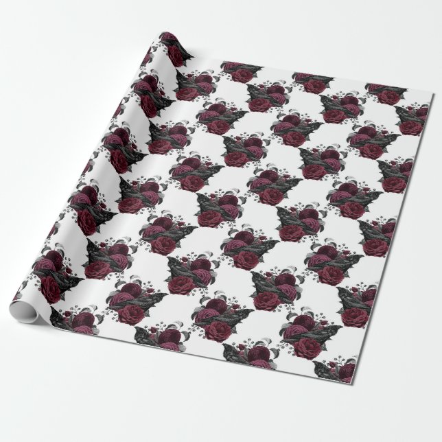 Papier Cadeau Corbeau noir floral sur blanc (Déroulé)