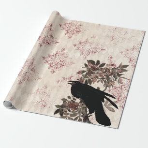 Papier Cadeau Corbeau noir sur Branche Bourgogne Damas
